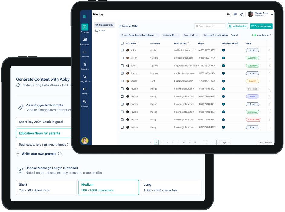 MessageSpring subscriber CRM and Abby content assistant on tablets
